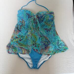 Lauren by Ralph Lauren Paisley Overlay One-Piece Swimsuit Turquoise SIZE 14 NWOT